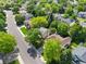An aerial view showcases a suburban neighborhood with tree-lined streets and well-maintained homes and lawns at 20922 E Crestline Cir, Centennial, CO 80015