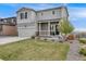 Inviting two-story home featuring a well-manicured lawn, charming front porch and attached two-car garage at 4811 River Highlands Loop, Elizabeth, CO 80107