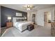 Serene main bedroom with a navy accent wall, plush bedding, and ample space at 4811 River Highlands Loop, Elizabeth, CO 80107