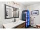 Modern bathroom with sleek fixtures, a vanity, and unique storage at 6 Blue Grouse Ridge Rd, Littleton, CO 80127