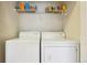 A laundry room with a side-by-side washer and dryer, as well as a shelf for storing supplies at 7160 S Wenatchee Way # F, Aurora, CO 80016