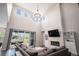 Living room with high ceilings, modern fireplace and a large sliding glass door leading to the backyard at 9380 Bear River St, Littleton, CO 80125