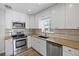 This updated kitchen has stainless appliances, granite countertops, and white cabinets at 2582 S Uno Way, Denver, CO 80219
