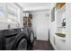 Functional laundry room features a modern washer and dryer, ample shelving, and efficient storage solutions at 1535 Spruce St, Denver, CO 80220