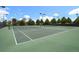 Exterior shot of green tennis courts on a sunny day surrounded by mature trees and light posts at 1535 Spruce St, Denver, CO 80220