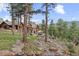 Exterior view of log home with outdoor living space and beautiful landscaping at 2929 Highlands View Rd, Evergreen, CO 80439