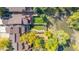 Aerial view of the property showing the backyard, mature trees, and a nearby creek at 119 Ward Ct, Lakewood, CO 80228