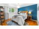 Stylish bedroom with a blue accent wall, hardwood floors, and decorative lighting at 7034 S Cherry St, Centennial, CO 80122