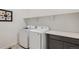 Neat laundry room with modern washer and dryer, storage cabinet and countertop at 3492 N Buchanan Way, Aurora, CO 80019