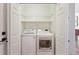 A laundry closet features a washer and dryer with shelving above, enclosed by white bifold doors at 684 Poppy Pl, Highlands Ranch, CO 80129