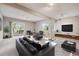 Well-lit living room with modern furniture and a sliding glass door at 14186 E Hampden Pl, Aurora, CO 80014