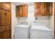 Convenient laundry area with a washer, dryer, wood cabinets and ample storage for laundry essentials at 7865 E Mississippi Ave # 1102, Denver, CO 80247