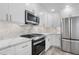 Modern kitchen with stainless steel appliances and white cabinets with gold handles at 1308 Snowberry Ln # 303, Louisville, CO 80027