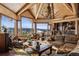 Cozy living room with vaulted wood ceilings, exposed beams, stone accents, and expansive mountain views at 300 Little Sallie Barber Trl, Breckenridge, CO 80424