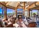 Living room features fireplace, mountain views, and comfortable seating at 300 Little Sally Barber Trl, Breckenridge, CO 80424