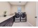 Convenient laundry room featuring modern washer and dryer, countertop and ample storage at 9162 Star Streak Cir, Littleton, CO 80125