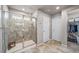 Modern bathroom features a glass-enclosed shower with gray tiling, and a view of the walk-in closet at 17382 Bluetrail Ave, Parker, CO 80134