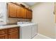 Laundry room with front loading washer and dryer, and built in cabinets for storage at 19281 E Hinsdale Ln, Centennial, CO 80016