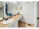 Bathroom featuring white countertops, built-in vanity, and oversized mirror at 9677 Castle Ridge Cir, Highlands Ranch, CO 80129