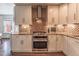 Well-lit kitchen featuring stainless steel oven and hood, mosaic backsplash, granite countertops, and wood floors at 537 N Logan St, Denver, CO 80203
