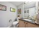 Stylish half-bathroom featuring granite vanity, modern fixtures, and decorative art for added charm at 1124 E 130Th Ave # C, Thornton, CO 80241