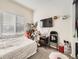 Comfortable bedroom featuring plush carpet, large window, and a collection of stuffed animals at 529 Vista Blvd, Lochbuie, CO 80603