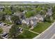 Beautiful aerial view of multi-story homes with mature trees, manicured lawns, and mountain views in a desirable neighborhood at 9676 W Chatfield Ave # B, Littleton, CO 80128