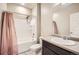 Bathroom with a shower-tub combination, light walls, and granite countertops at 6711 Fraser Cir, Frederick, CO 80530