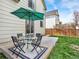 Back patio with an umbrella covered table and chairs, adjacent to the house, overlooking green grass at 718 Fairhaven St, Castle Rock, CO 80104