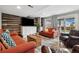 Cozy living room with rustic wood paneling, comfortable seating, and a sliding glass door at 787 Huntington Pl, Highlands Ranch, CO 80126
