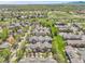 Aerial view showcasing a well-maintained townhouse community, with lush green surroundings and mountain views at 843 Snowberry St, Longmont, CO 80503