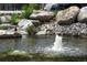 Scenic pond with a decorative fountain, rocks, and a wild duck at 8500 E Jefferson Ave # 11C, Denver, CO 80237