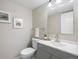 Well-lit half bathroom featuring a modern vanity, updated toilet, framed artwork, and neutral decor at 2856 S Kenton Ct, Aurora, CO 80014