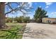 View of the backyard features a large tree, storage shed, and ample driveway space at 1299 S Dale Ct, Denver, CO 80219