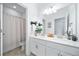 This bathroom features double sinks, white cabinets, a shower, and a toilet at 1087 E Hopkins Dr, Elizabeth, CO 80107
