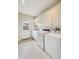 Well-lit laundry room with white cabinets, washer, dryer, and a door to the outside at 2957 S York St, Denver, CO 80210