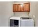 Functional laundry room features a washer, dryer, and storage cabinets at 3434 Fantasy Pl, Castle Rock, CO 80109
