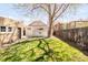 Backyard with lush green grass, a detached garage, and a fenced perimeter, perfect for privacy at 1061 Adams St, Denver, CO 80206