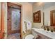 Bathroom with walk-in shower and single sink vanity at 457 Timber Trail Rd, Breckenridge, CO 80424