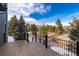 Beautiful outdoor deck with black railings and a scenic view of the surrounding landscape and lush trees at 6 White Alder, Littleton, CO 80127