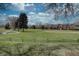 View of the golf course from property with mature trees and green grass at 3515 S Dawson St, Aurora, CO 80014