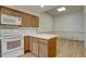 This bright kitchen offers wooden cabinets, white appliances, and tile backsplash at 3515 S Dawson St, Aurora, CO 80014