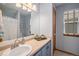 Well-lit bathroom with blue vanity, stylish mirror, and a shower with a glass door at 9640 Moss Rose Cir, Highlands Ranch, CO 80129