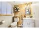 Rustic bathroom featuring wood paneling, vanity with vessel sink, and modern toilet at 8280 Everett Way, Arvada, CO 80005