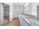 Stylish bathroom featuring double sinks, granite countertops, and a walk-in shower at , Aurora, CO 80019