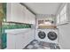 Convenient laundry room with modern washer and dryer, white cabinets, and ample counter space at 748 Elati St, Denver, CO 80204