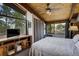 Cozy bedroom with wood-paneled ceiling and scenic outdoor view at 5565 Osage Way, Larkspur, CO 80118
