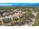 An aerial shot of the community, showing a large number of houses and tree coverage with mountain views at 1766 Summerglow Ln, Monument, CO 80132
