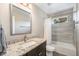 Clean bathroom with granite countertop and a shower/tub combo at 921 Raleigh St, Denver, CO 80204