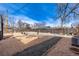 Open gravel backyard showcasing unique landscaping features and a corrugated metal fence at 410 Goodrich Ave, Platteville, CO 80651